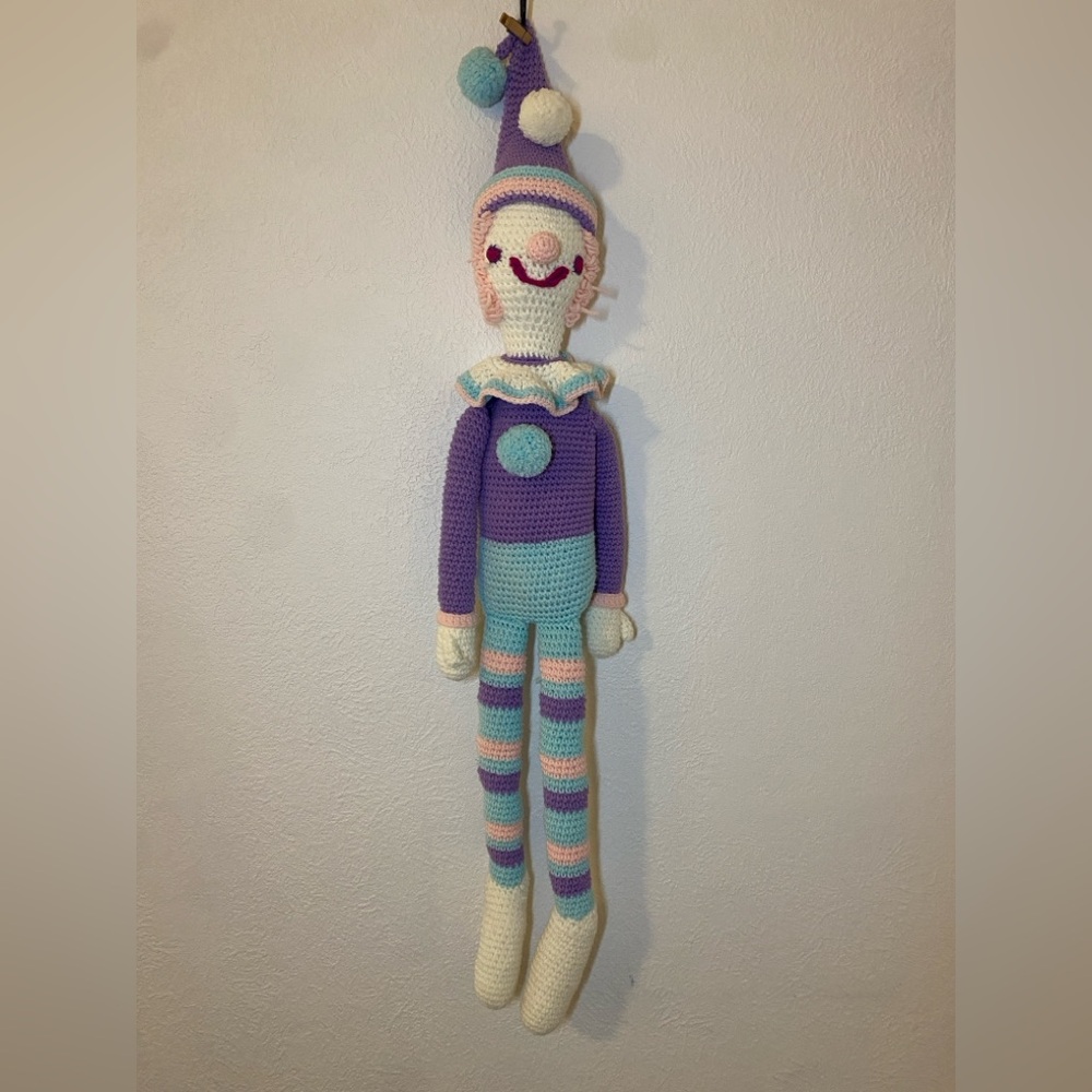Rare Vintage Handmade Crocheted Clown Doll – Purple, Teal & Pink Pastel 46"